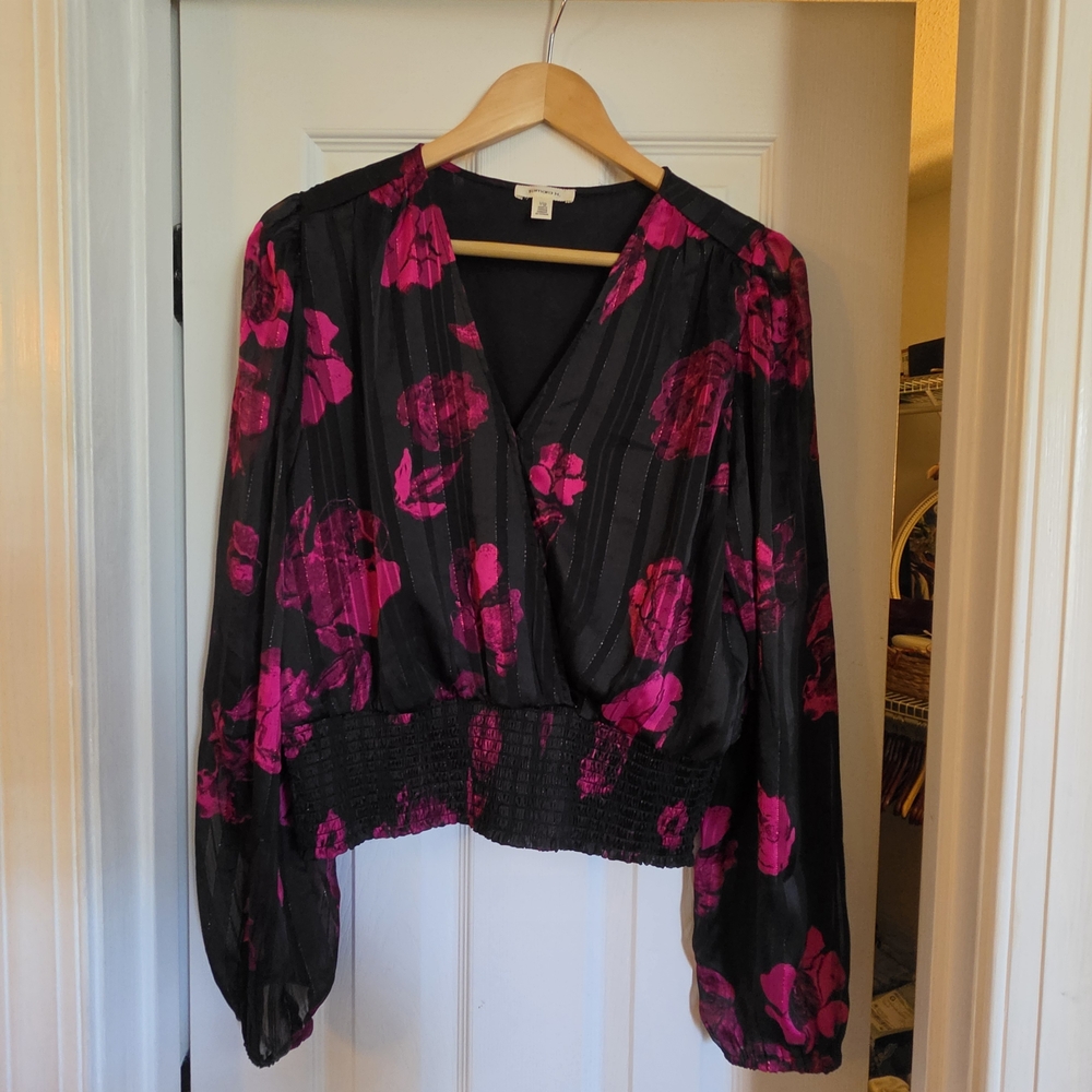 Black Blouse with Fuchsia Floral Print and Smocked Waist